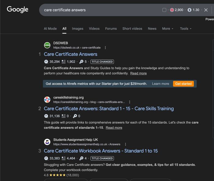 Care Skills SERP